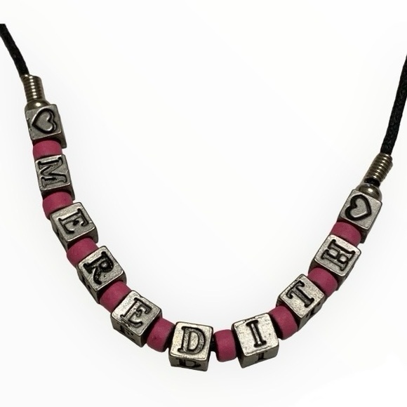 Jewelry - Vintage PEWTER Letter & Heart Cubes with Pink Acrylic beads Necklace 16” Black